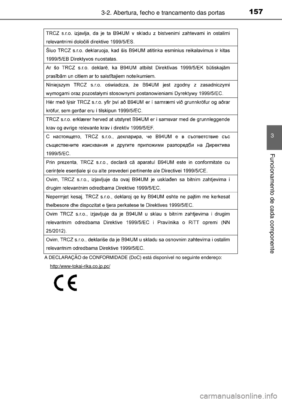 TOYOTA AURIS 2017  Manual de utilização (in Portuguese) 1573-2. Abertura, fecho e trancamento das portas
3
Funcionamento de cada componente
A DECLARAÇÃO de CONFORMIDADE (DoC) está disponível no seguinte endereço:
http:/www-tokai-rika.co.jp.pc/ 
