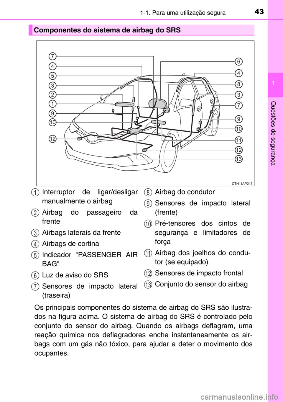 TOYOTA AURIS 2017  Manual de utilização (in Portuguese) 431-1. Para uma utilização segura
1
Questões de segurança
Os principais componentes do sistema de airbag do SRS são ilustra-
dos na figura acima. O sistema de airbag do SRS é controlado pelo
con