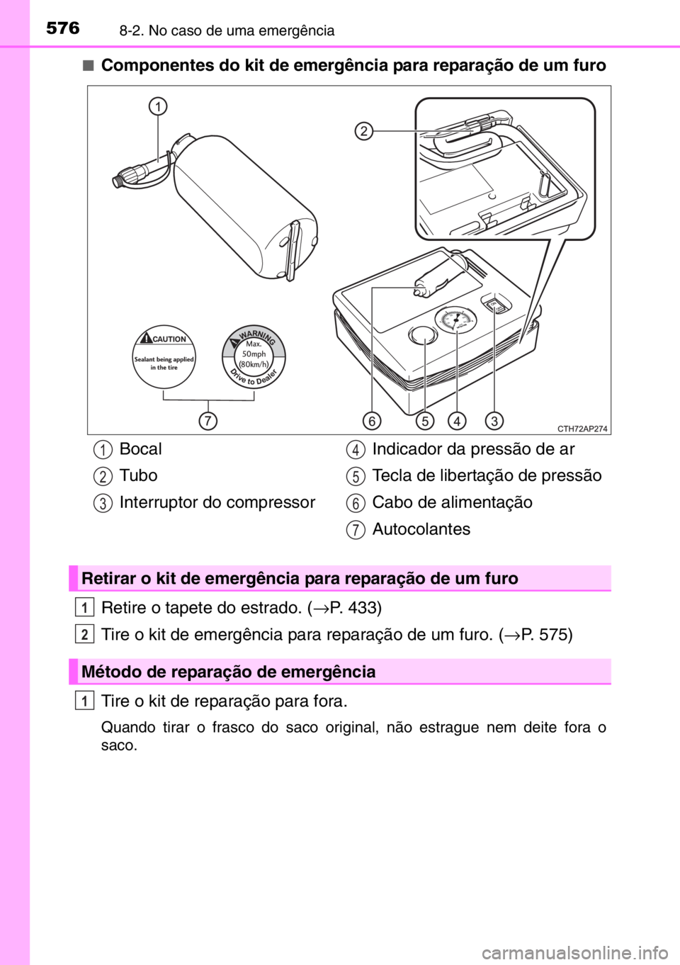 TOYOTA AURIS 2017  Manual de utilização (in Portuguese) 5768-2. No caso de uma emergência
■Componentes do kit de emergência para reparação de um furo
Retire o tapete do estrado. (→P. 433)
Tire o kit de emergência para reparação de um furo. (→P