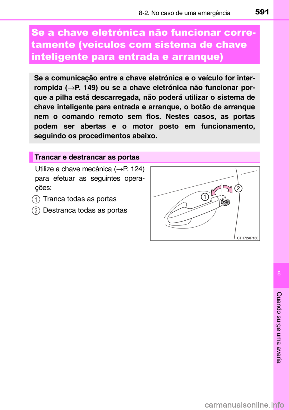 TOYOTA AURIS 2017  Manual de utilização (in Portuguese) 5918-2. No caso de uma emergência
8
Quando surge uma avaria
Utilize a chave mecânica (→P. 124)
para efetuar as seguintes opera-
ções:
Tranca todas as portas
Destranca todas as portas
Se a chave 