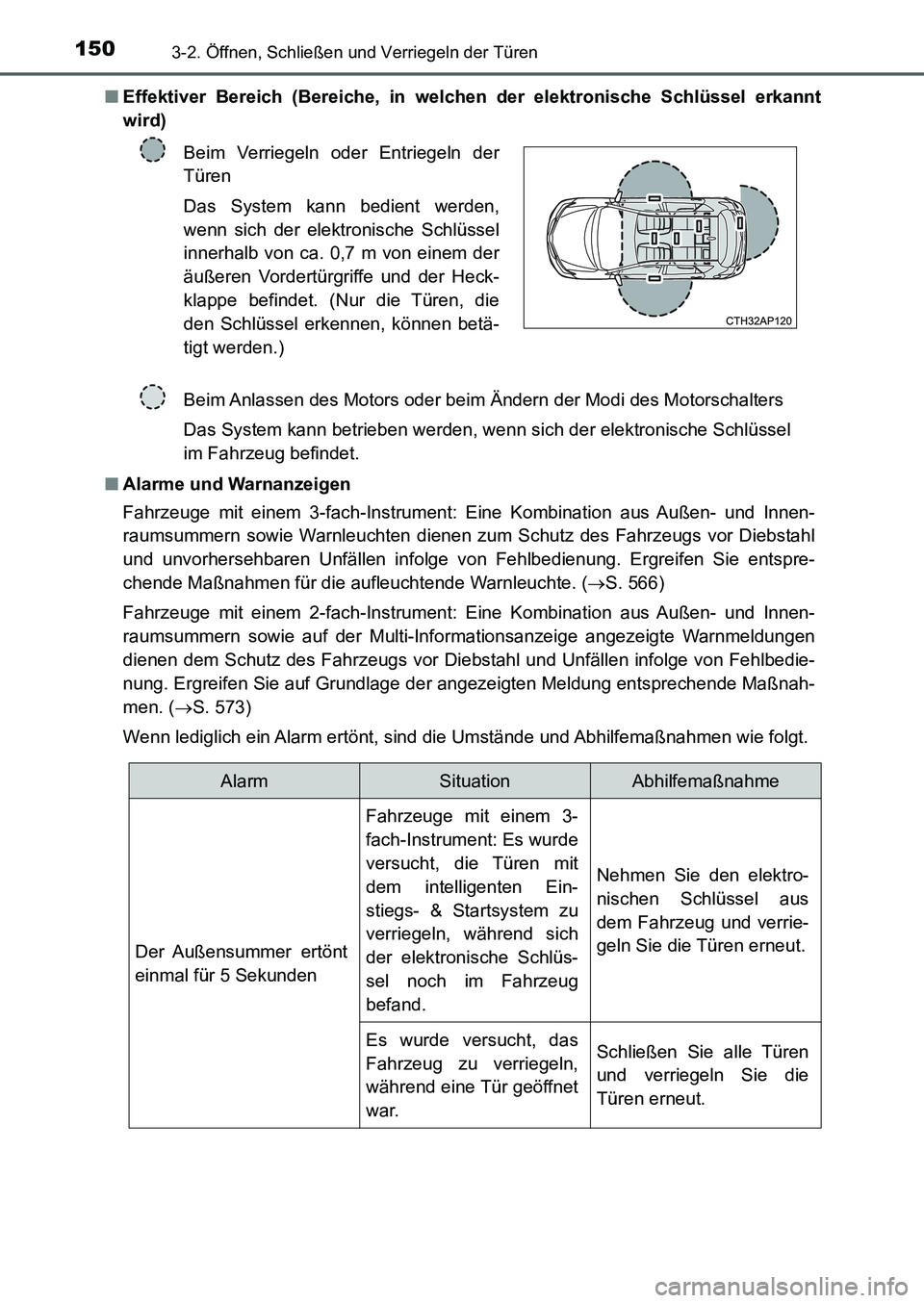 TOYOTA AURIS 2017  Betriebsanleitungen (in German) 1503-2. Öffnen, Schließen und Verriegeln der Türen
UK_AURIS_HB_EM (OM12K99M)■Effektiver Bereich (Bereiche, in welchen der elektronische Schlüssel erkannt
wird)
■Alarme und Warnanzeigen
Fahrzeu