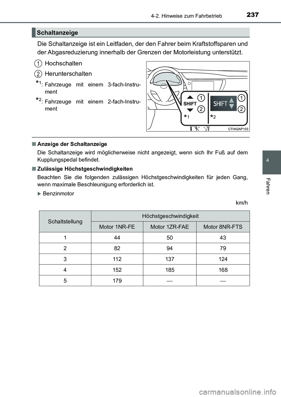 TOYOTA AURIS 2017  Betriebsanleitungen (in German) 2374-2. Hinweise zum Fahrbetrieb
4
Fahren
UK_AURIS_HB_EM (OM12K99M)
Die Schaltanzeige ist ein Leitfaden, der den Fahrer beim Kraftstoffsparen und
der Abgasreduzierung innerhalb der Grenzen der Motorle