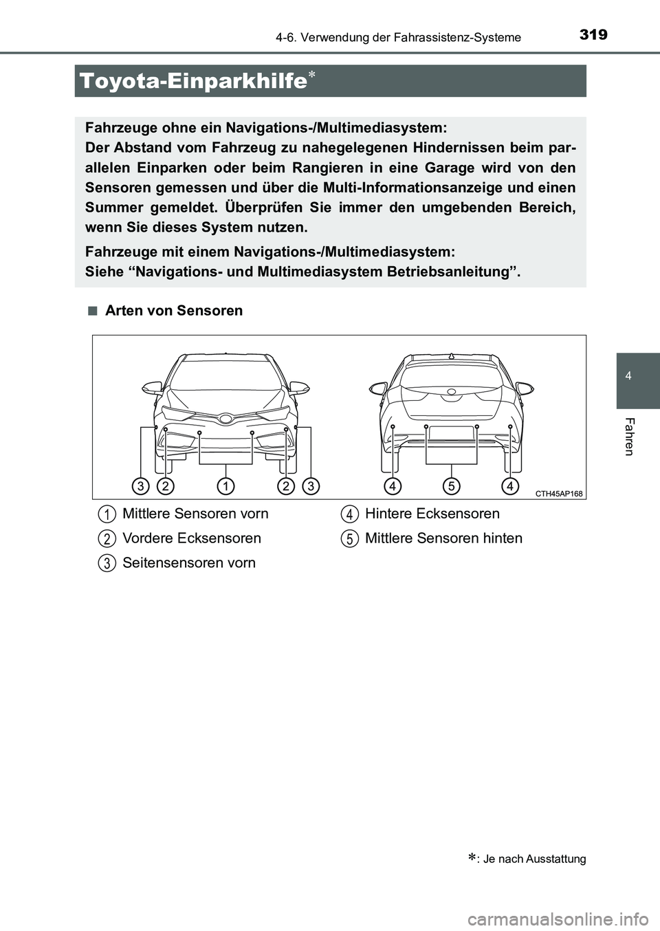 TOYOTA AURIS 2017  Betriebsanleitungen (in German) 3194-6. Verwendung der Fahrassistenz-Systeme
4
Fahren
UK_AURIS_HB_EM (OM12K99M)■
Arten von Sensoren
Toyota-Einparkhilfe
: Je nach Ausstattung
Fahrzeuge ohne ein Navigations-/Multimediasystem: 