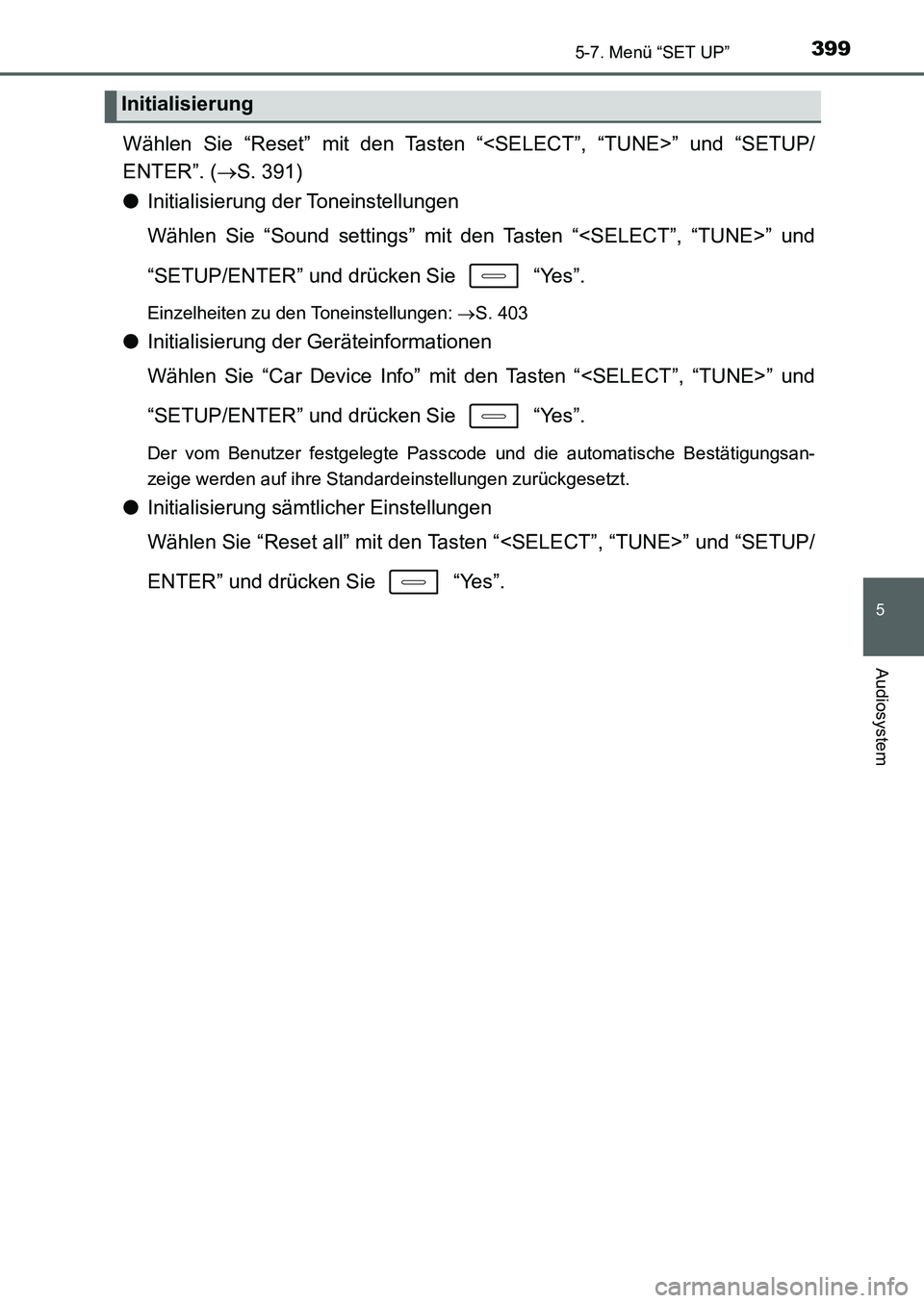 TOYOTA AURIS 2017  Betriebsanleitungen (in German) 3995-7. Menü “SET UP”
5
Audiosystem
UK_AURIS_HB_EM (OM12K99M)
Wählen Sie “Reset” mit den Tasten “<SELECT”, “TUNE>” und “SETUP/
ENTER”. (S. 391)
●Initialisierung der Toneinst