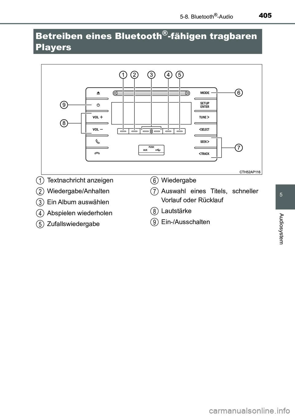 TOYOTA AURIS 2017  Betriebsanleitungen (in German) 405
5
Audiosystem
UK_AURIS_HB_EM (OM12K99M)
5-8. Bluetooth®-Audio
Betreiben eines Bluetooth®-fähigen tragbaren 
Players
Textnachricht anzeigen
Wiedergabe/Anhalten 
Ein Album  auswählen
Abspielen w
