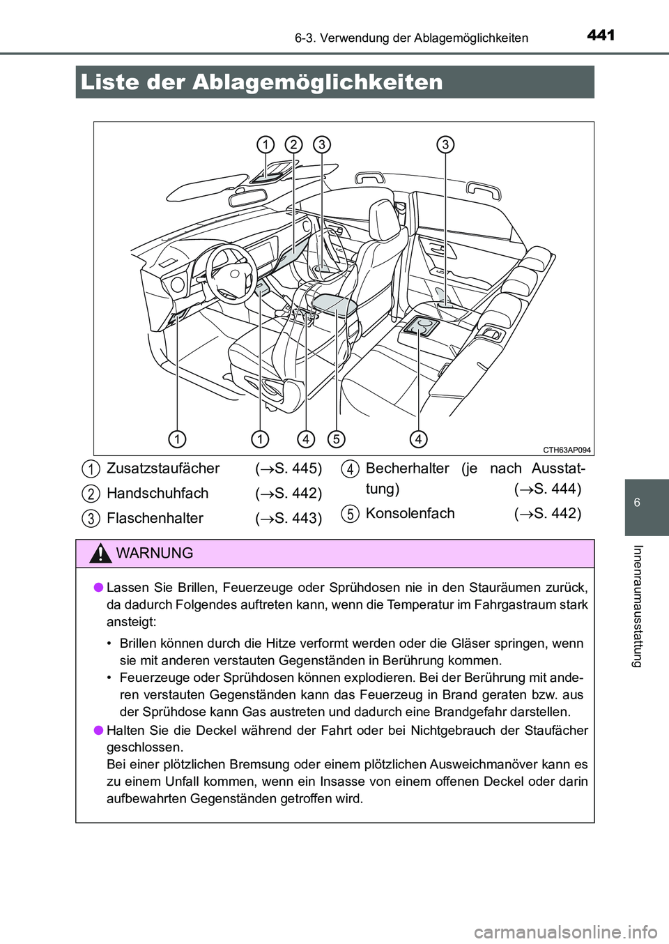 TOYOTA AURIS 2017  Betriebsanleitungen (in German) 441
6
Innenraumausstattung
UK_AURIS_HB_EM (OM12K99M)
6-3. Verwendung der Ablagemöglichkeiten
Liste der Ablagemöglichkeiten
Zusatzstaufächer (S. 445)
Handschuhfach  (S. 442)
Flaschenhalter (