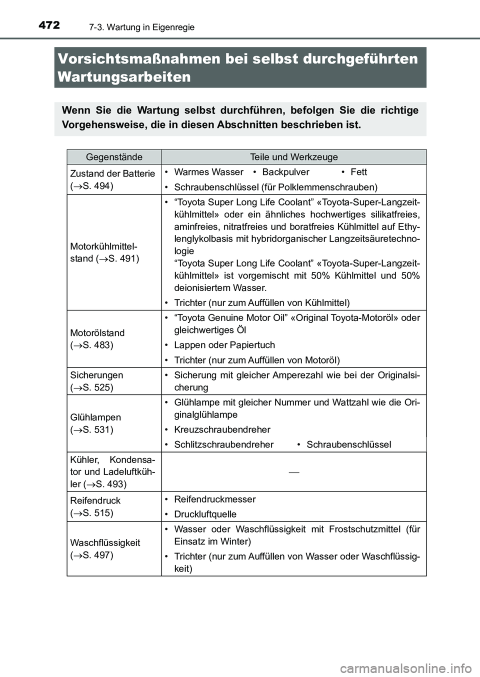 TOYOTA AURIS 2017  Betriebsanleitungen (in German) 472
UK_AURIS_HB_EM (OM12K99M)
7-3. Wartung in Eigenregie
Vorsichtsmaßnahmen bei selbst durchgeführten 
Wartungsarbeiten
Wenn Sie die Wartung selbst durchführen, befolgen Sie die richtige
Vorgehensw