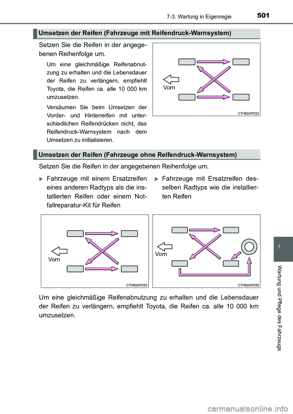 TOYOTA AURIS 2017  Betriebsanleitungen (in German) 5017-3. Wartung in Eigenregie
7
Wartung und Pflege des Fahrzeugs
UK_AURIS_HB_EM (OM12K99M)
Setzen Sie die Reifen in der angege-
benen Reihenfolge um.
Um eine gleichmäßige Reifenabnut-
zung zu erhalt