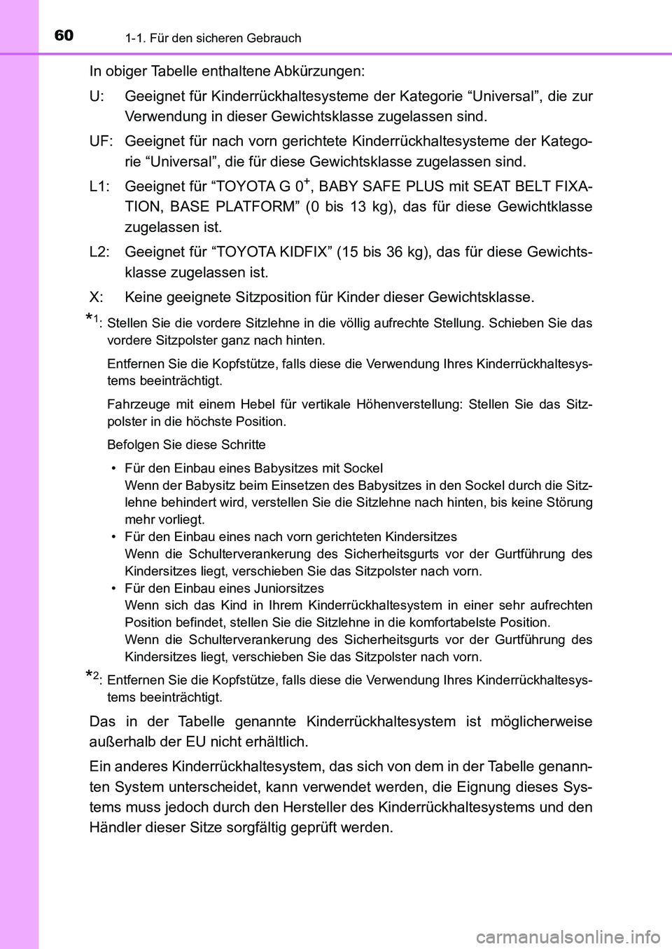 TOYOTA AURIS 2017  Betriebsanleitungen (in German) 601-1. Für den sicheren Gebrauch
UK_AURIS_HB_EM (OM12K99M)
In obiger Tabelle enthaltene Abkürzungen:
U: Geeignet für Kinderrückhaltesysteme der Kategorie “Universal”, die zur
Verwendung in die