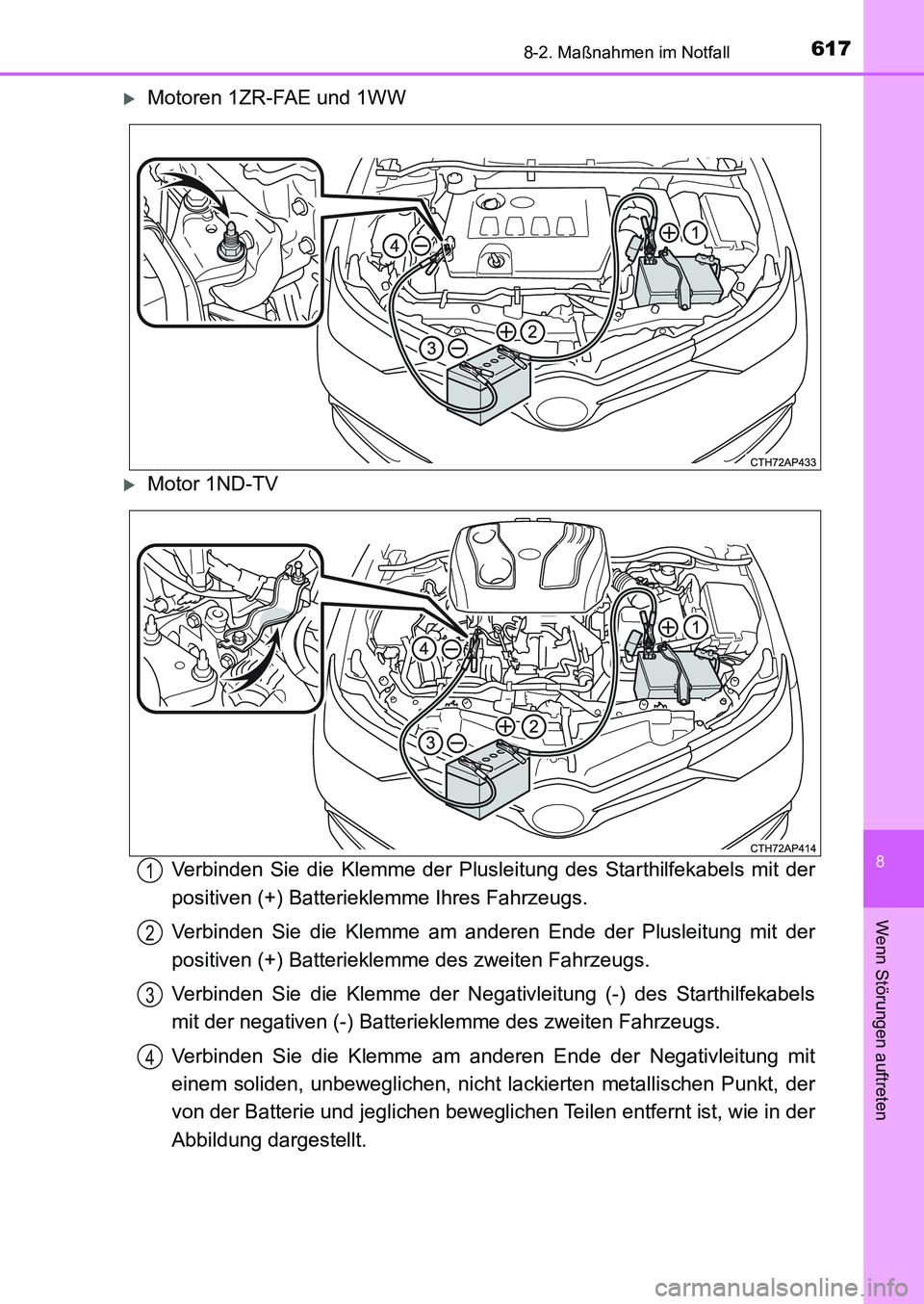TOYOTA AURIS 2017  Betriebsanleitungen (in German) 6178-2. Maßnahmen im Notfall
8
Wenn Störungen auftreten
UK_AURIS_HB_EM (OM12K99M)
Motoren 1ZR-FAE und 1WW
Motor 1ND-TV
Verbinden Sie die Klemme der Plusleitung des Starthilfekabels mit der
pos