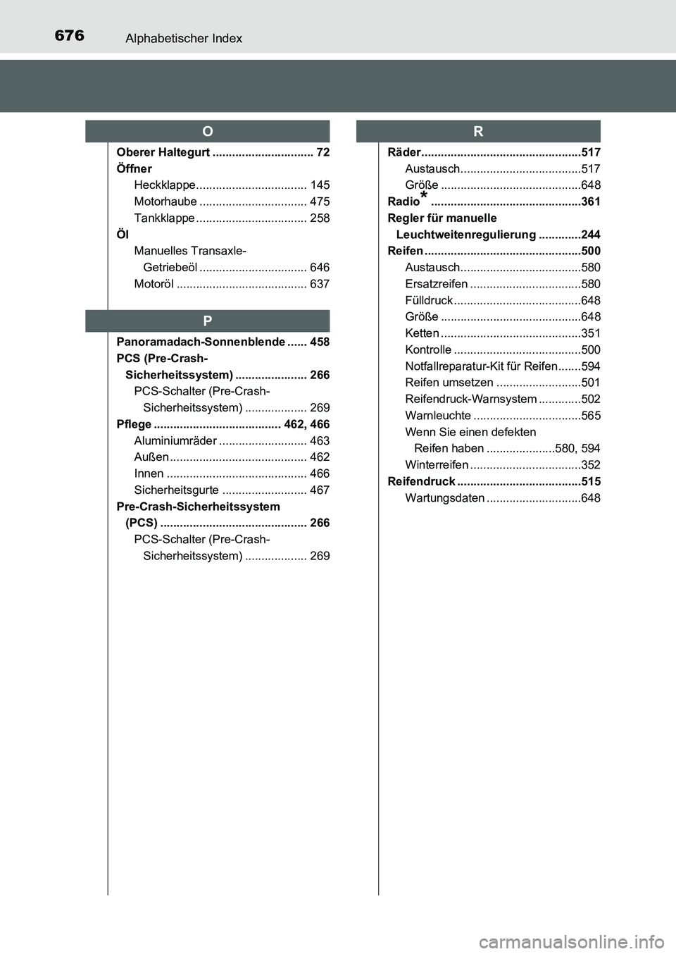 TOYOTA AURIS 2017  Betriebsanleitungen (in German) 676Alphabetischer Index
UK_AURIS_HB_EM (OM12K99M)
Oberer Haltegurt ............................... 72
Öffner
Heckklappe.................................. 145
Motorhaube ..............................