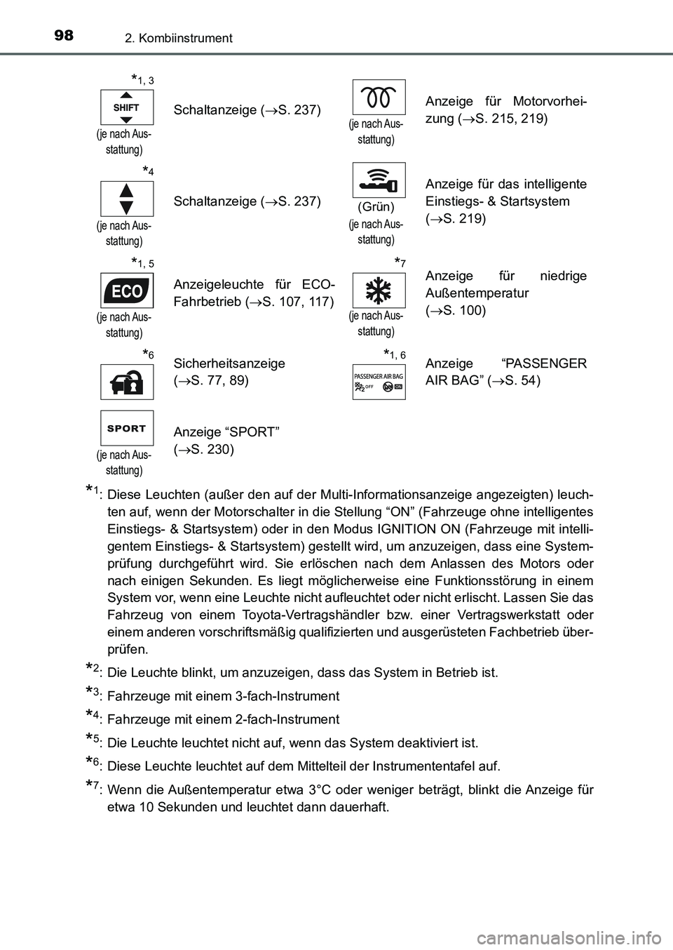 TOYOTA AURIS 2017  Betriebsanleitungen (in German) 982. Kombiinstrument
UK_AURIS_HB_EM (OM12K99M)
*1: Diese Leuchten (außer den auf der Multi-Informationsanzeige angezeigten) leuch-
ten auf, wenn der Motorschalter in die Stellung “ON” (Fahrzeuge 