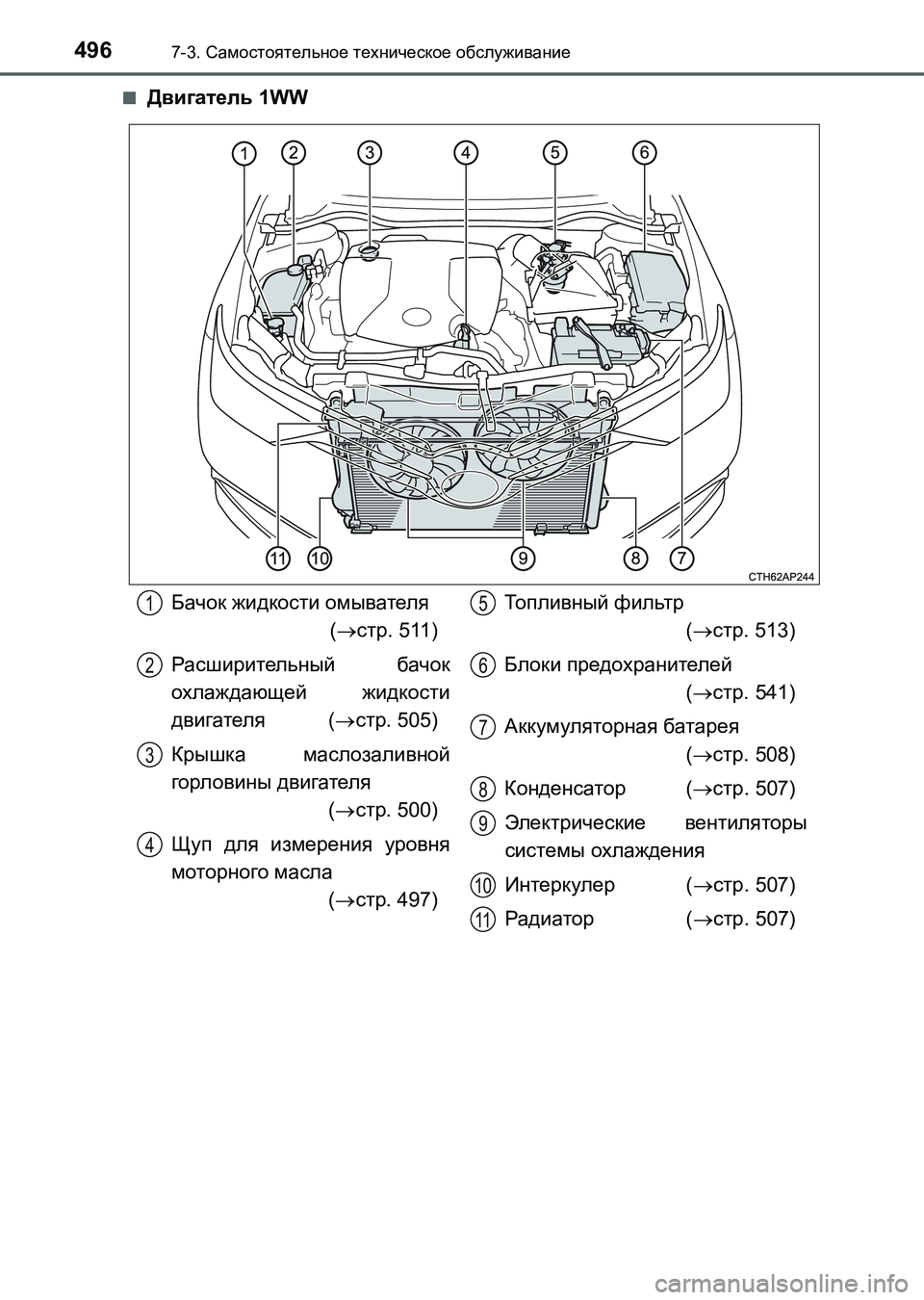 TOYOTA AURIS 2017  Руково 4967-3. Самостоятельное техническое обслуживание
UK_AURIS_HB_ER (OM12L02R)■
Двигатель 1WW
Бачок жидкости омывателя
(стр. 51