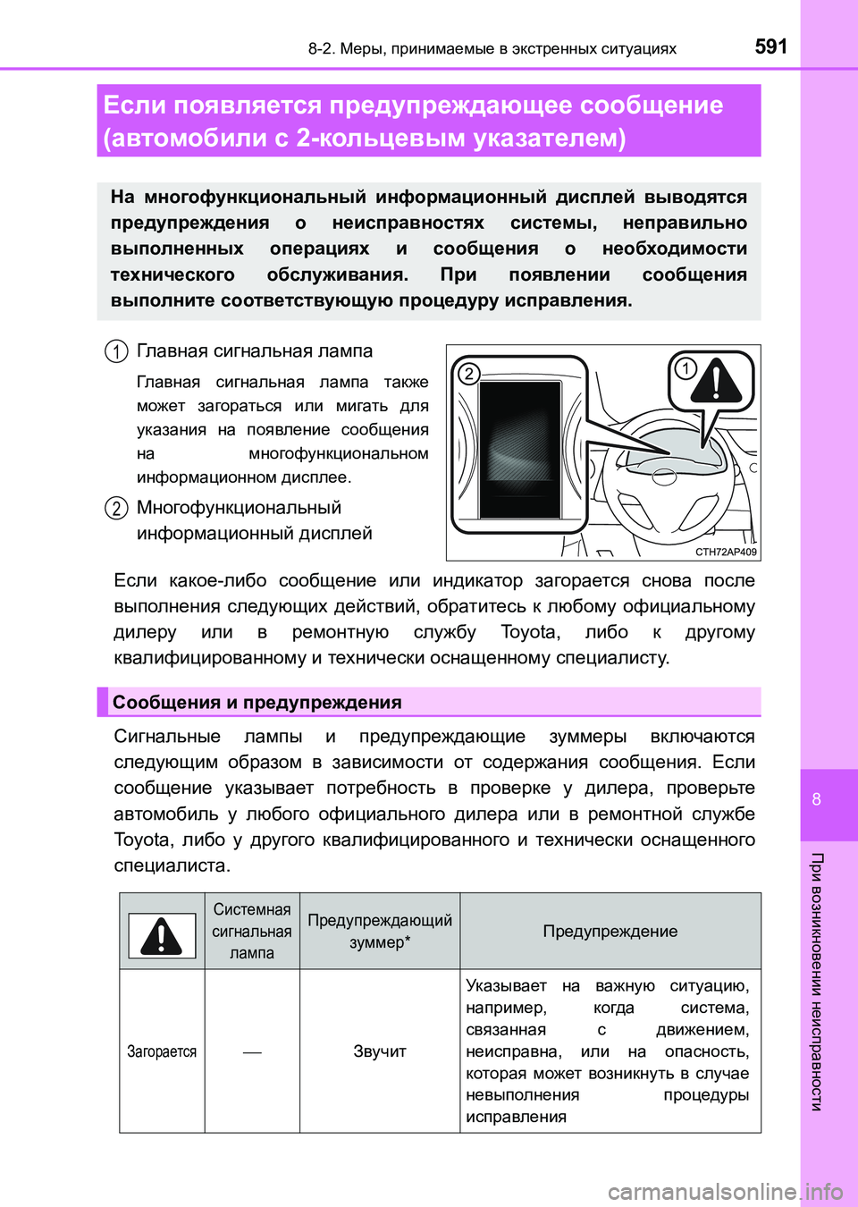 TOYOTA AURIS 2017  Руково 5918-2. Меры, принимаемые в экстренных ситуациях
8
При возникновении неисправности
UK_AURIS_HB_ER (OM12L02R)
Гл а в н ая сигн