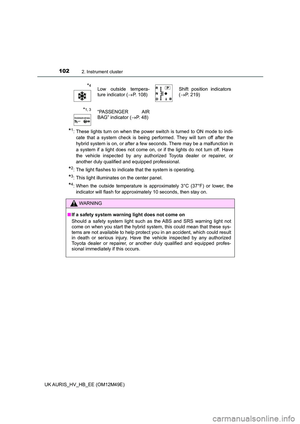 TOYOTA AURIS 2018  Owners Manual (in English) 1022. Instrument cluster
UK AURIS_HV_HB_EE (OM12M49E)
*1: These lights turn on when the power switch is turned to ON mode to indi- 
cate that a system check is being per formed. They will turn off aft