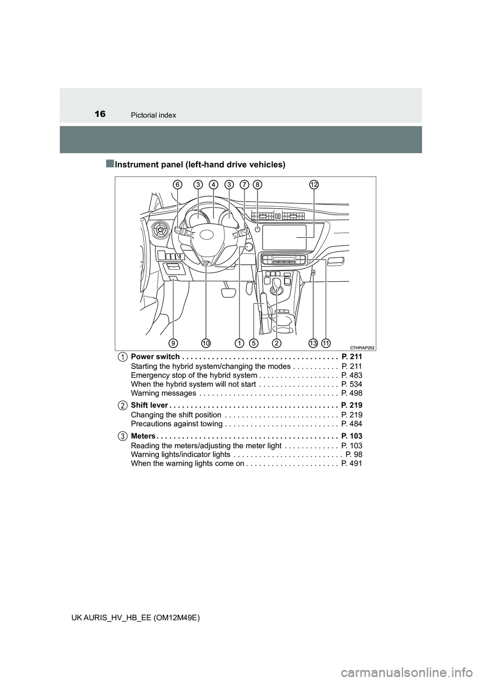 TOYOTA AURIS 2018 Owners Manual (in English) 16Pictorial index
UK AURIS_HV_HB_EE (OM12M49E)
■Instrument panel (left-hand drive vehicles)
Power switch . . . . . . . . . . . . . . . . . . . . . . . . . . . . . . . . . . . . . P. 211
Starting t TOYOTA AURIS 2018 Owners Manual (in English) 16Pictorial index
UK AURIS_HV_HB_EE (OM12M49E)
■Instrument panel (left-hand drive vehicles)
Power switch . . . . . . . . . . . . . . . . . . . . . . . . . . . . . . . . . . . . . P. 211
Starting t