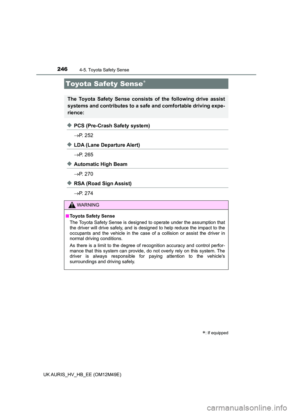 TOYOTA AURIS 2018  Owners Manual (in English) 246
UK AURIS_HV_HB_EE (OM12M49E)
4-5. Toyota Safety Sense
◆PCS (Pre-Crash Safety system) 
 P.  2 5 2
◆LDA (Lane Departure Alert) 
 P.  2 6 5
◆Automatic High Beam 
 P.  2 7 0
◆RSA (Roa