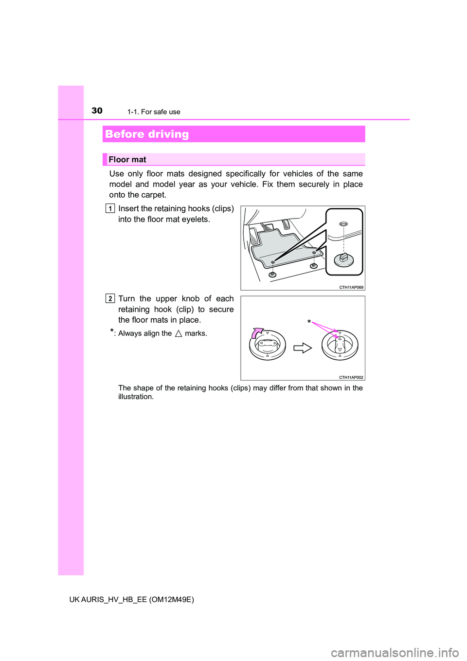 TOYOTA AURIS 2018  Owners Manual (in English) 30
UK AURIS_HV_HB_EE (OM12M49E)
1-1. For safe use
Use only floor mats designed specifically for vehicles of the same 
model and model year as your vehicle. Fix them securely in place
onto the carpet. 