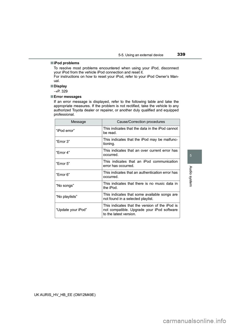 TOYOTA AURIS 2018  Owners Manual (in English) 3395-5. Using an external device
UK AURIS_HV_HB_EE (OM12M49E)
5
Audio system
■iPod problems 
To resolve most problems encountered when using your iPod, disconnect 
your iPod from the vehicle iPod co