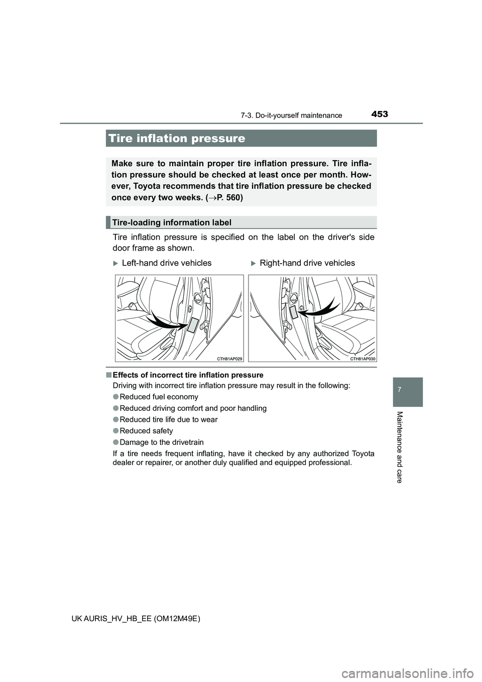 TOYOTA AURIS 2018  Owners Manual (in English) 4537-3. Do-it-yourself maintenance
UK AURIS_HV_HB_EE (OM12M49E)
7
Maintenance and care
Tire inflation pressure is specified on the label on the drivers side 
door frame as shown.
■ Effects of incor