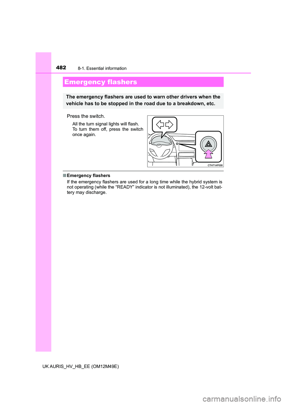 TOYOTA AURIS 2018  Owners Manual (in English) 482
UK AURIS_HV_HB_EE (OM12M49E)
8-1. Essential information
Press the switch.
All the turn signal lights will flash. 
To turn them off, press the switch 
once again.
■ Emergency flashers 
If the eme