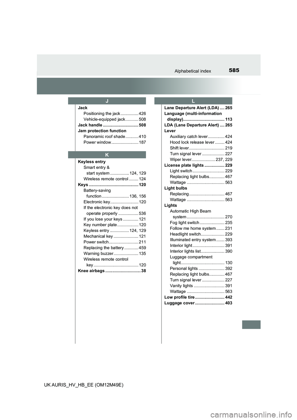 TOYOTA AURIS 2018  Owners Manual (in English) 585Alphabetical index
UK AURIS_HV_HB_EE (OM12M49E)
Jack 
Positioning the jack ............... 426 
Vehicle-equipped jack ........... 508
Jack handle .............................. 508 
Jam protection 