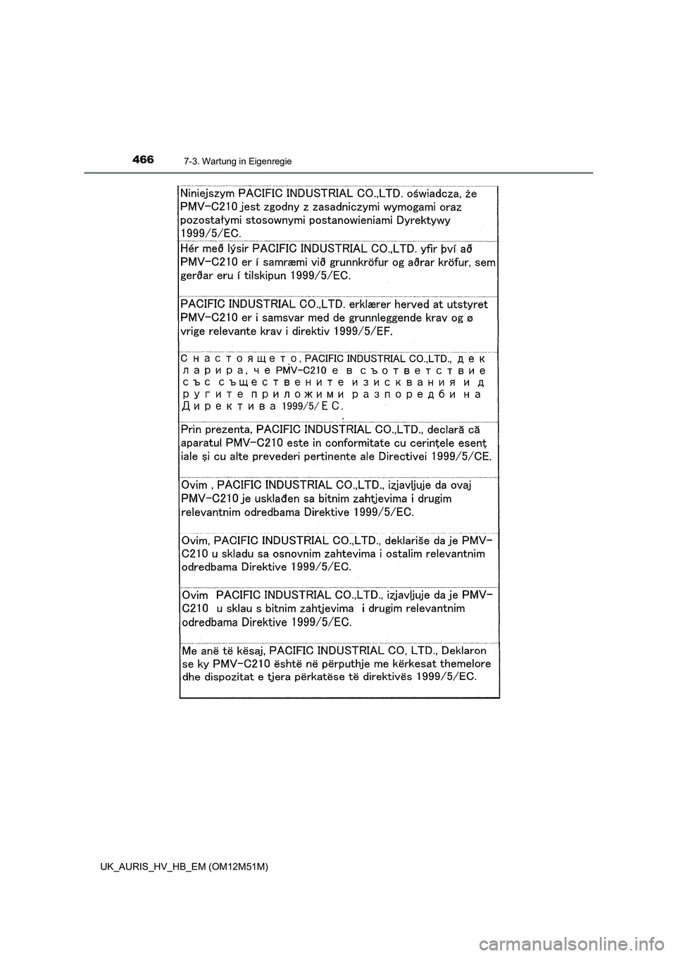 TOYOTA AURIS 2018  Betriebsanleitungen (in German) 4667-3. Wartung in Eigenregie
UK_AURIS_HV_HB_EM (OM12M51M) 