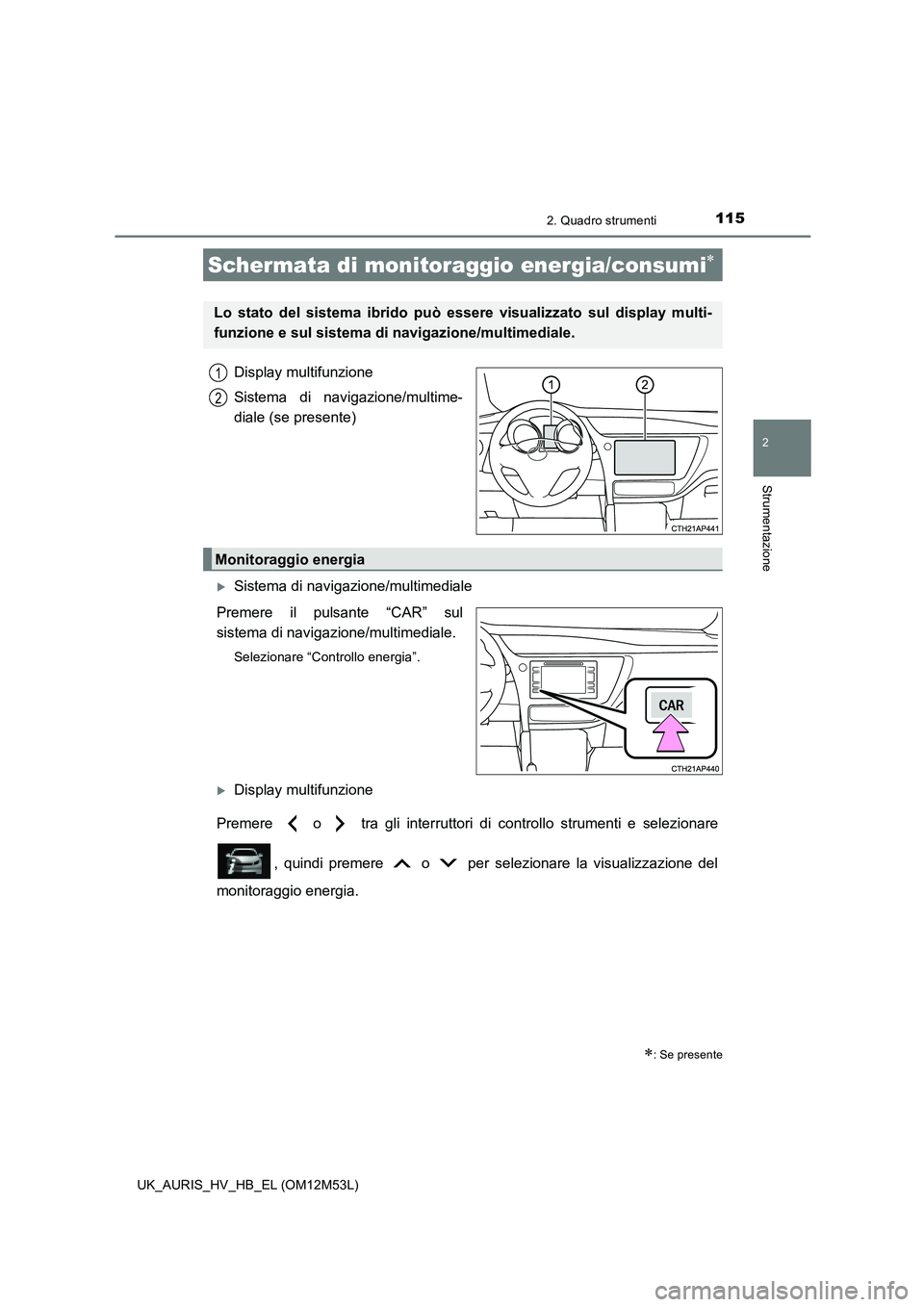 TOYOTA AURIS 2018  Manuale duso (in Italian) 1152. Quadro strumenti
2
Strumentazione
UK_AURIS_HV_HB_EL (OM12M53L)
Display multifunzione 
Sistema di navigazione/multime- 
diale (se presente)
Sistema di navigazione/multimediale 
Premere il puls