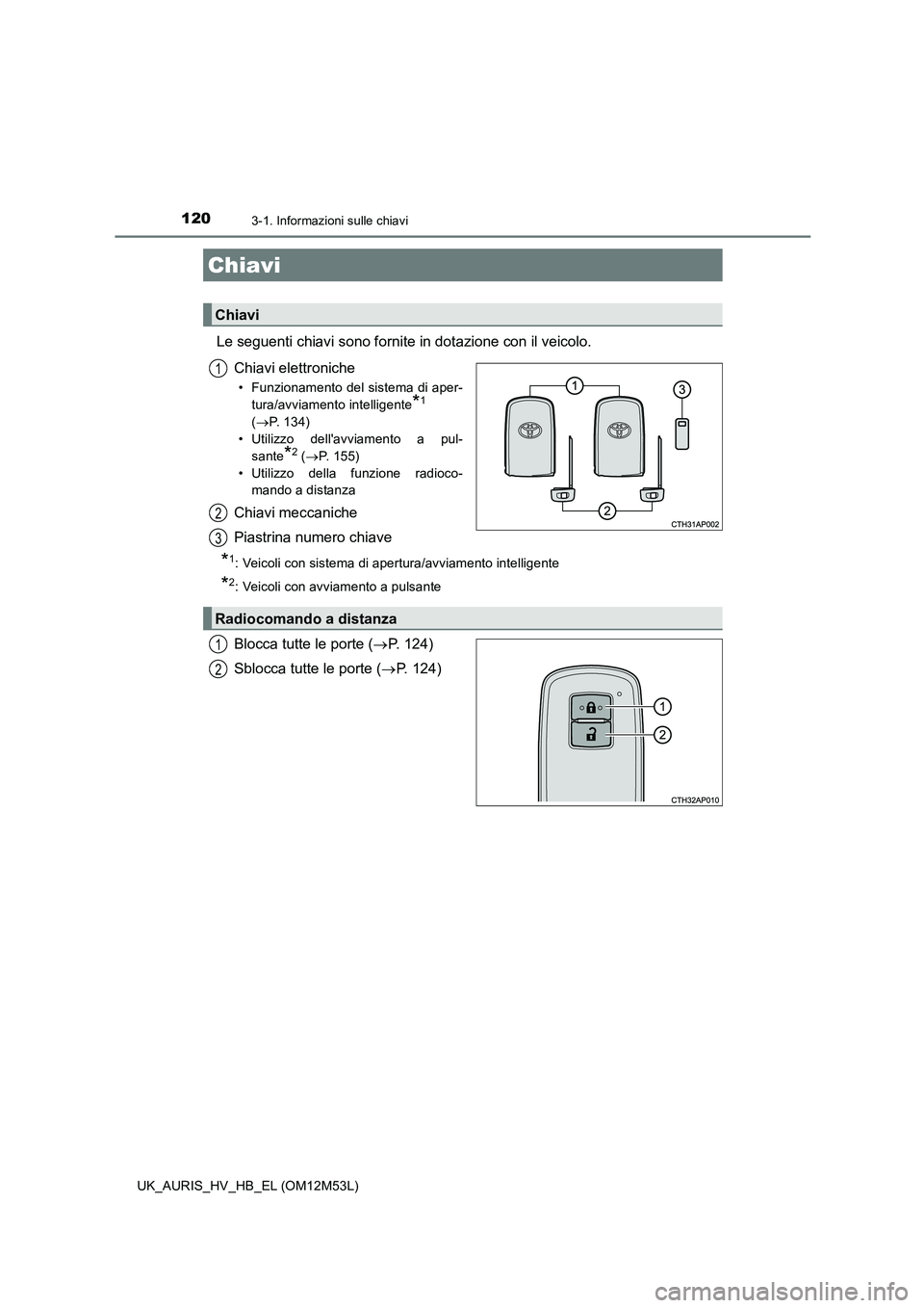 TOYOTA AURIS 2018  Manuale duso (in Italian) 120
UK_AURIS_HV_HB_EL (OM12M53L)
3-1. Informazioni sulle chiavi
Le seguenti chiavi sono fornite in dotazione con il veicolo. 
Chiavi elettroniche
• Funzionamento del sistema di aper- 
tura/avviament