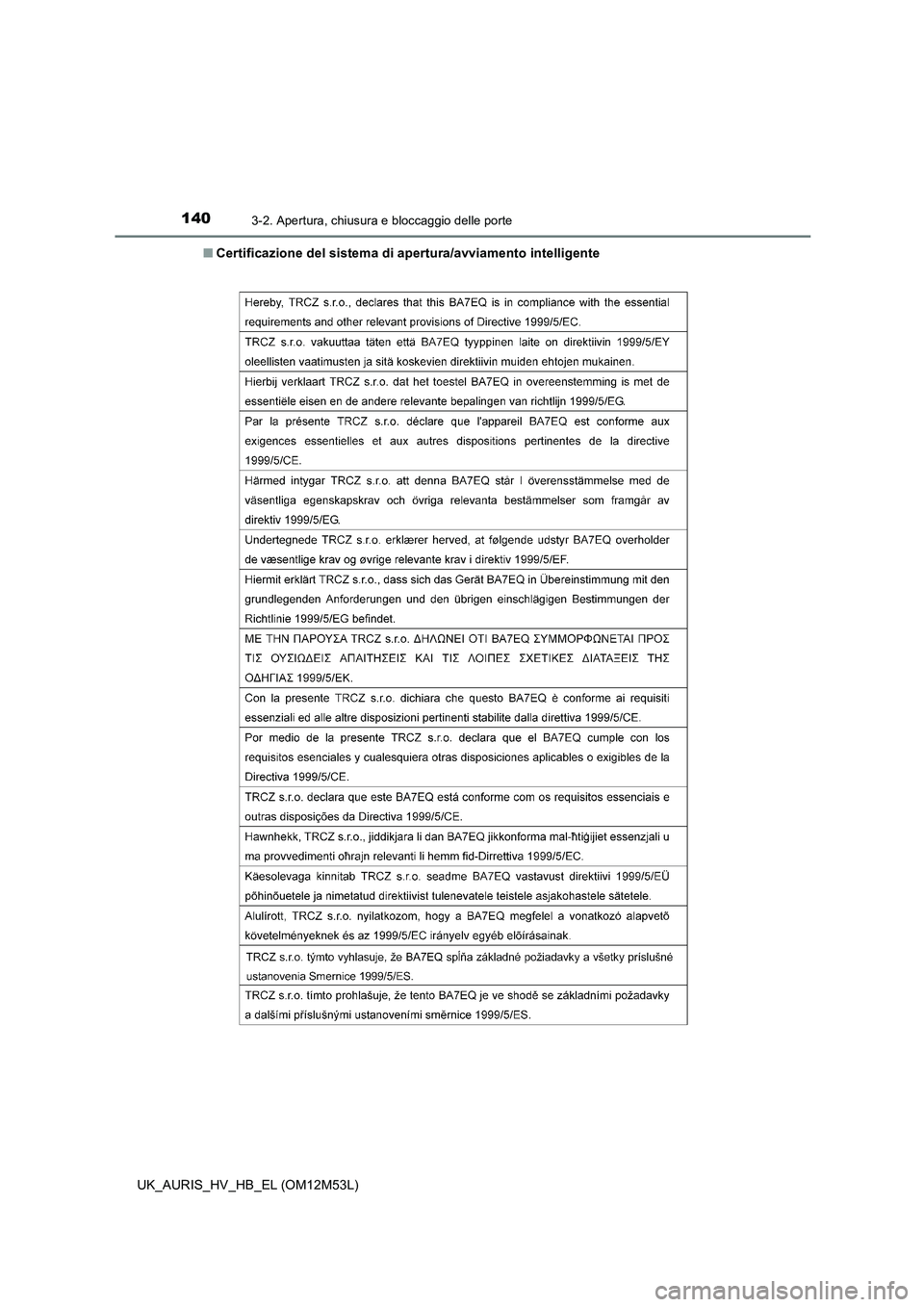 TOYOTA AURIS 2018  Manuale duso (in Italian) 1403-2. Apertura, chiusura e bloccaggio delle porte
UK_AURIS_HV_HB_EL (OM12M53L) 
■ Certificazione del sistema di apertura/avviamento intelligente 