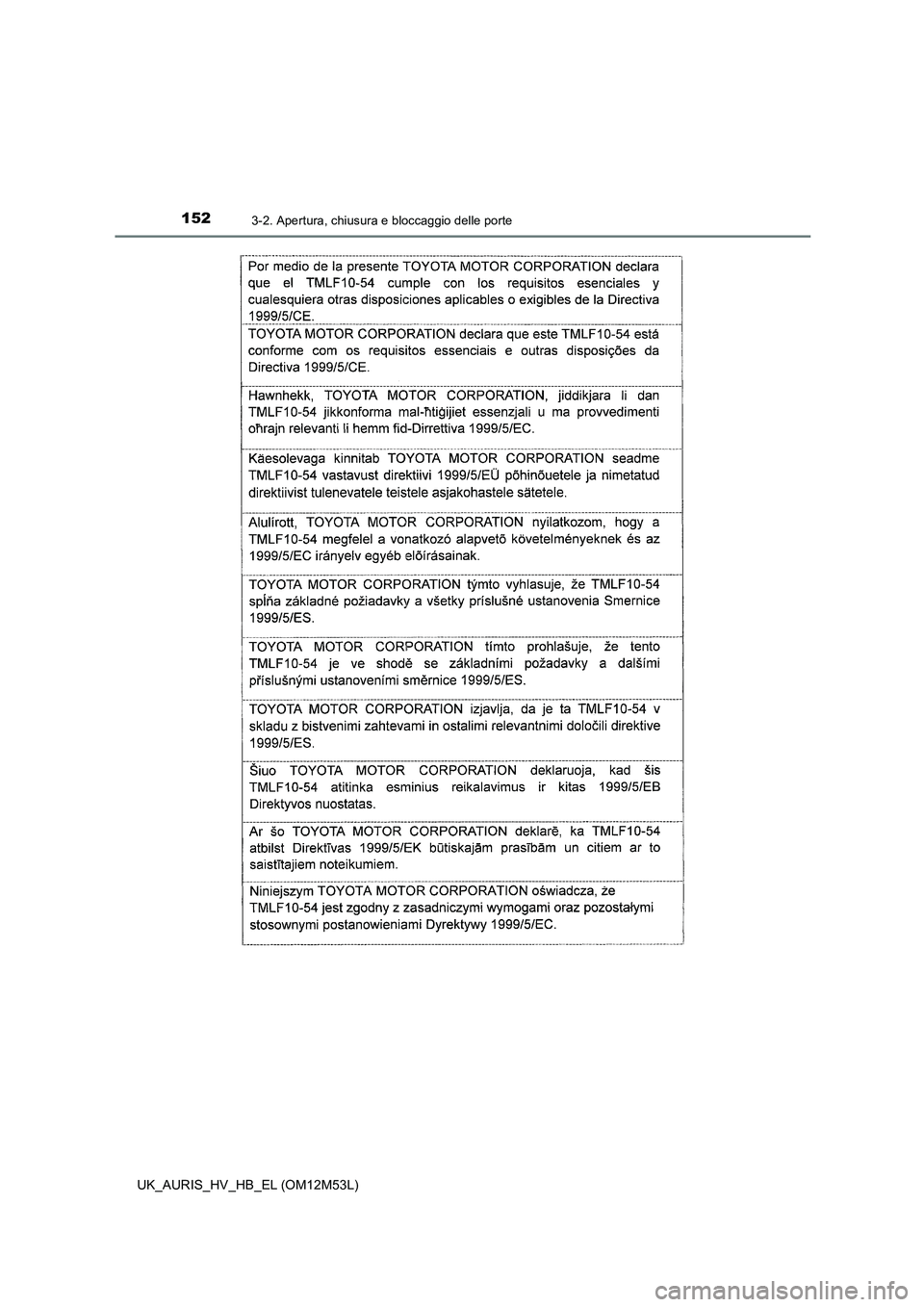 TOYOTA AURIS 2018  Manuale duso (in Italian) 1523-2. Apertura, chiusura e bloccaggio delle porte
UK_AURIS_HV_HB_EL (OM12M53L) 