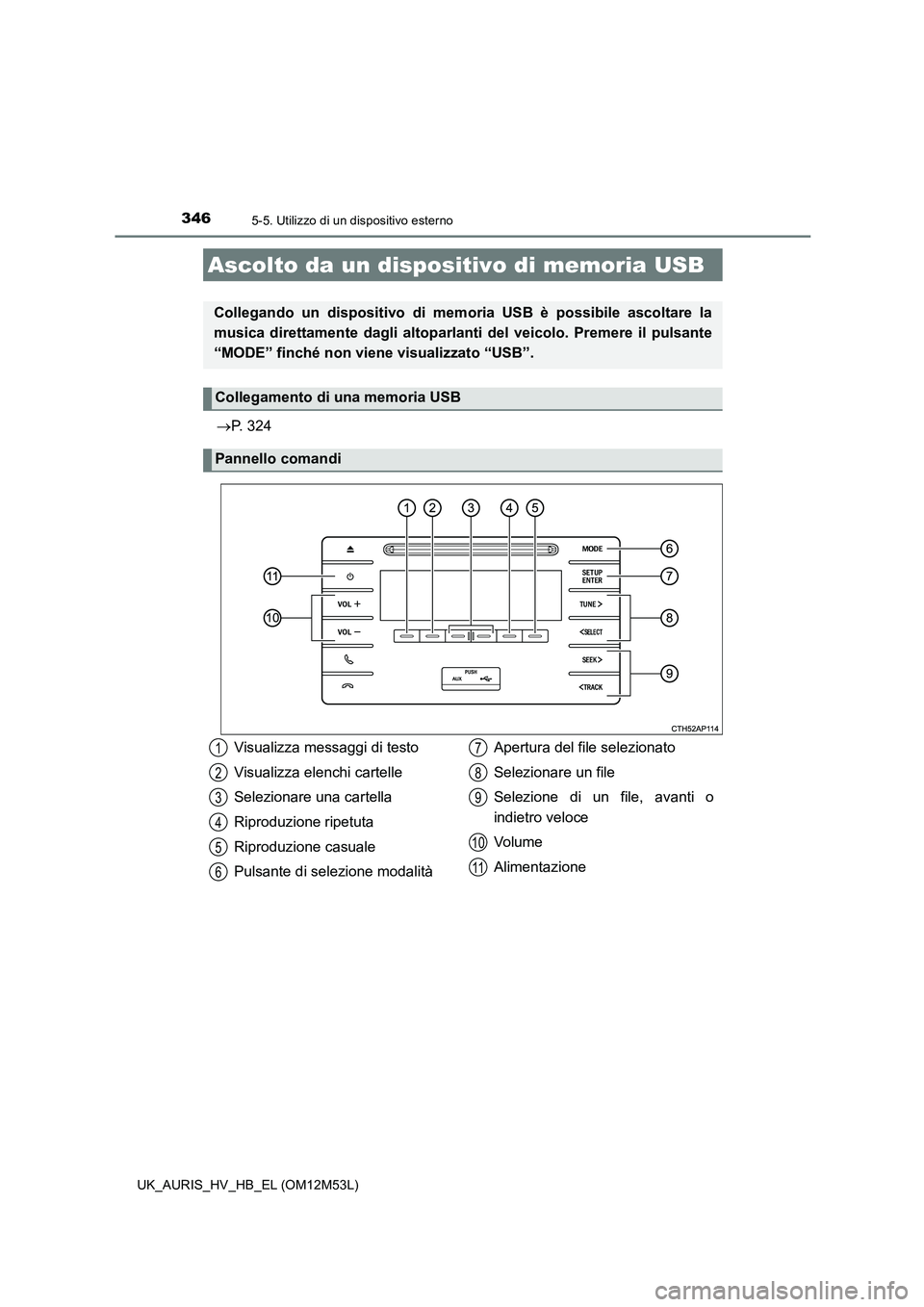 TOYOTA AURIS 2018  Manuale duso (in Italian) 3465-5. Utilizzo di un dispositivo esterno
UK_AURIS_HV_HB_EL (OM12M53L)
P. 324
Ascolto da un dispositivo di memoria USB
Collegando un dispositivo di memoria USB è possibile ascoltare la 
musica di