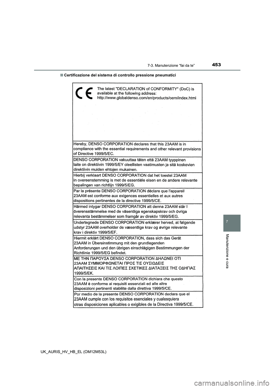 TOYOTA AURIS 2018  Manuale duso (in Italian) 4537-3. Manutenzione “fai da te”
7
Manutenzione e cura
UK_AURIS_HV_HB_EL (OM12M53L) 
■ Certificazione del sistema di controllo pressione pneumatici 