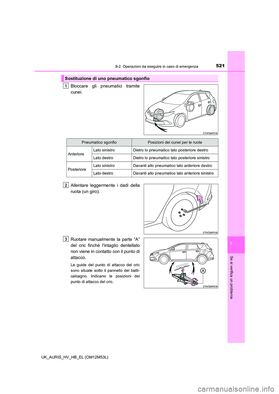 TOYOTA AURIS 2018  Manuale duso (in Italian) 5218-2. Operazioni da eseguire in caso di emergenza
8
Se si verifica un problema
UK_AURIS_HV_HB_EL (OM12M53L)
Bloccare gli pneumatici tramite 
cunei. 
Allentare leggermente i dadi della 
ruota (un gir