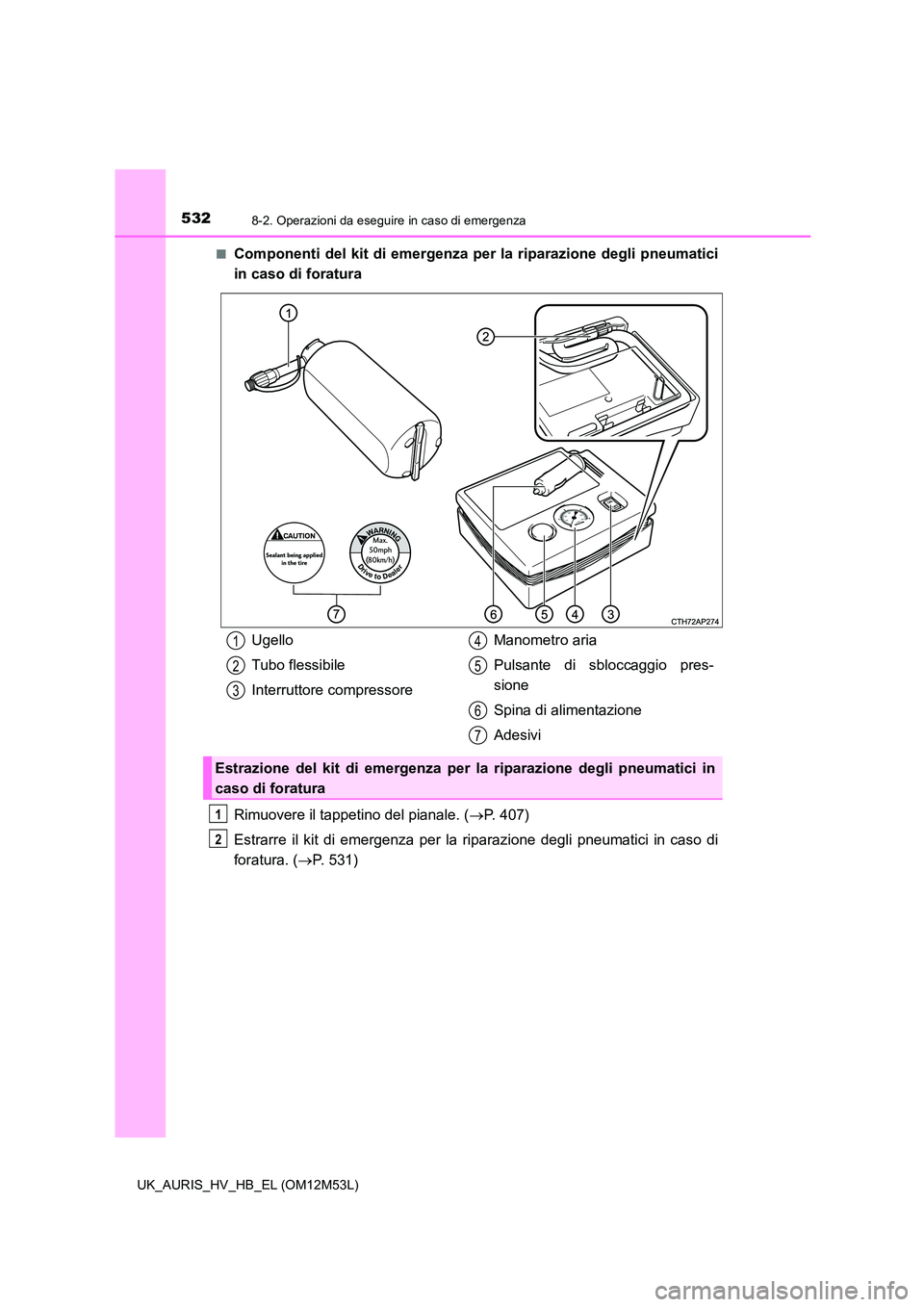 TOYOTA AURIS 2018  Manuale duso (in Italian) 5328-2. Operazioni da eseguire in caso di emergenza
UK_AURIS_HV_HB_EL (OM12M53L) 
■Componenti del kit di emergenza per la riparazione degli pneumatici 
in caso di foratura 
Rimuovere il tappetino de