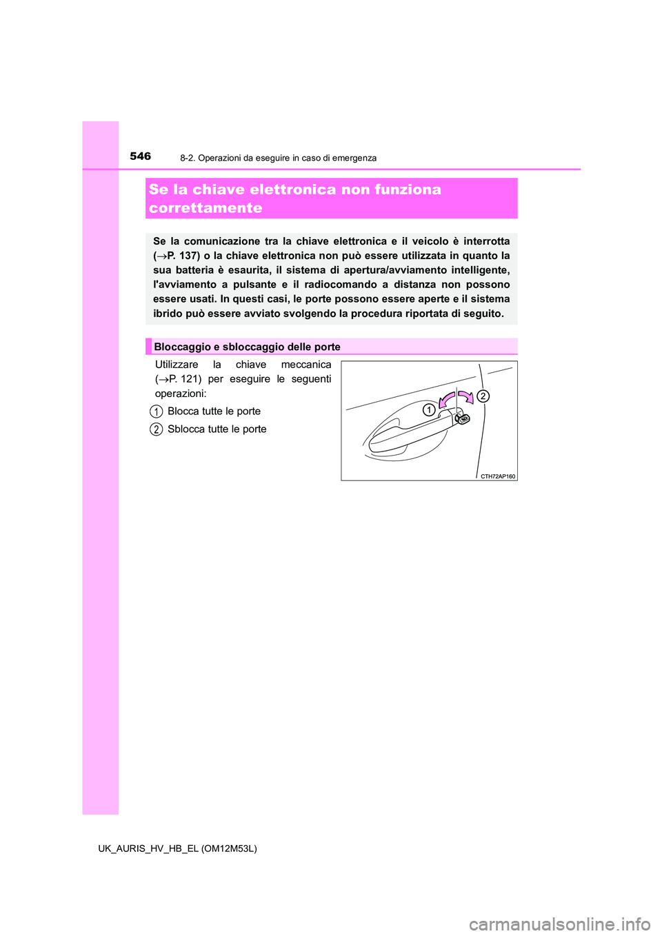 TOYOTA AURIS 2018  Manuale duso (in Italian) 5468-2. Operazioni da eseguire in caso di emergenza
UK_AURIS_HV_HB_EL (OM12M53L)
Utilizzare la chiave meccanica 
( P. 121) per eseguire le seguenti 
operazioni: 
Blocca tutte le porte
Sblocca tutte
