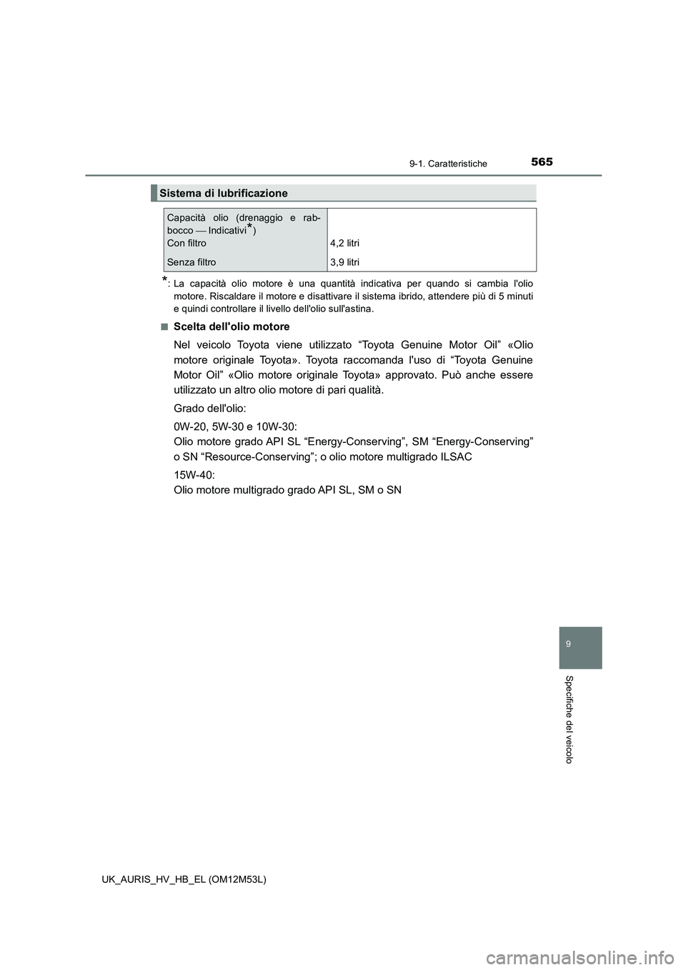 TOYOTA AURIS 2018  Manuale duso (in Italian) 565
9
9-1. Caratteristiche
Specifiche del veicolo
UK_AURIS_HV_HB_EL (OM12M53L)
*: La capacità olio motore è una quantità indicativa per quando si cambia lolio 
motore. Riscaldare il motore e disat