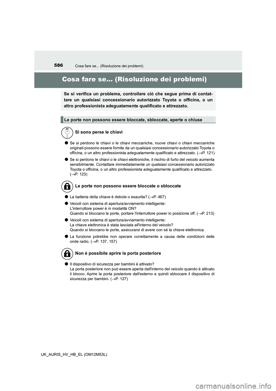 TOYOTA AURIS 2018 Manuale duso (in Italian) 586
UK_AURIS_HV_HB_EL (OM12M53L)
Cosa fare se... (Risoluzione dei problemi)
Cosa fare se... (Risoluzione dei problemi)
●Se si perdono le chiavi o le chiavi meccaniche, nuove chiavi o chiavi meccanic TOYOTA AURIS 2018 Manuale duso (in Italian) 586
UK_AURIS_HV_HB_EL (OM12M53L)
Cosa fare se... (Risoluzione dei problemi)
Cosa fare se... (Risoluzione dei problemi)
●Se si perdono le chiavi o le chiavi meccaniche, nuove chiavi o chiavi meccanic