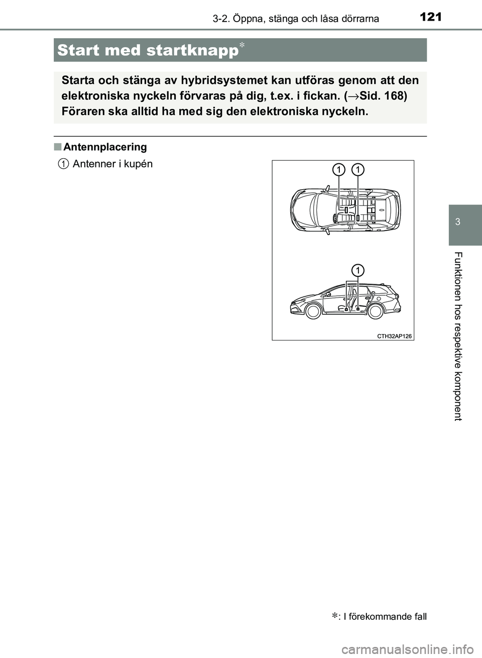 TOYOTA AURIS 2018  Bruksanvisningar (in Swedish) 1213-2. Öppna, stänga och låsa dörrarna
OM12M59SE
3
Funktionen hos respektive komponent
nAntennplacering
Start med startknapp∗
∗: I förekommande fall
Starta och stänga av hybridsys temet kan