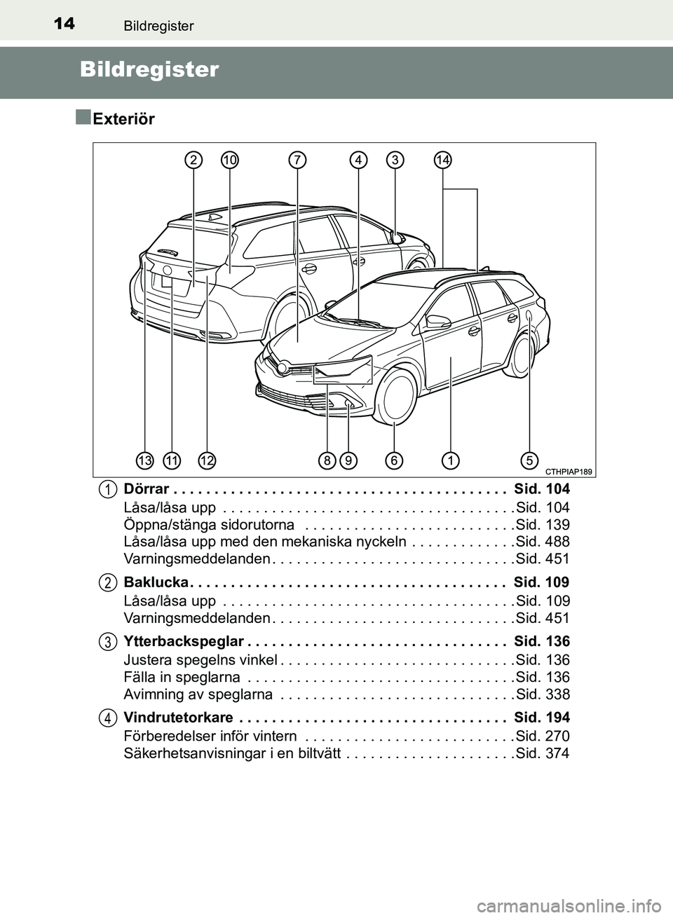 TOYOTA AURIS 2018  Bruksanvisningar (in Swedish) 14
OM12M59SE 
Bildregister
Bildregister
n
Exteriör
Dörrar . . . . . . . . . . . . . . . . . . . . . . . . . . . . . . . . . . . . . . . . .  Sid. 104
Låsa/låsa upp  . . . . . . . . . . . . . . . .