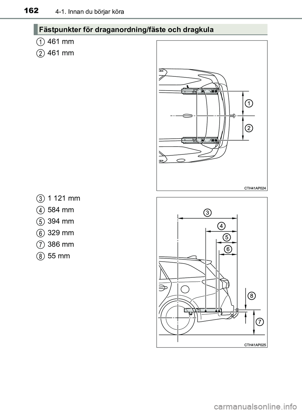 TOYOTA AURIS 2018  Bruksanvisningar (in Swedish) 1624-1. Innan du börjar köra
OM12M59SE 
461 mm
461 mm
1 121 mm
584 mm
394 mm
329 mm
386 mm
55 mm
Fästpunkter för draganordning/fäste och dragkula
1
2
3
4
5
6
7
8
OM12M59SE_Auris_HV_TS.book  Page 