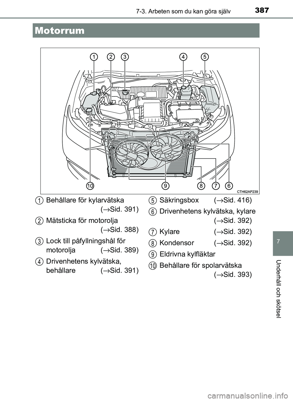 TOYOTA AURIS 2018  Bruksanvisningar (in Swedish) 3877-3. Arbeten som du kan göra själv
OM12M59SE
7
Underhåll och skötsel
Motorrum
Behållare för kylarvätska (→ Sid. 391)
Mätsticka för motorolja (→ Sid. 388)
Lock till påfy llningshål f