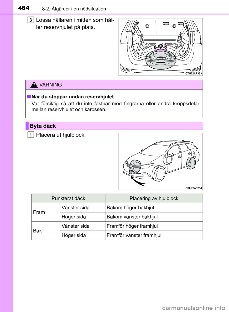 TOYOTA AURIS 2018  Bruksanvisningar (in Swedish) 4648-2. Åtgärder i en nödsituation
OM12M59SE
Lossa hållaren i mitten som hål-
ler reservhjulet på plats.
Placera ut hjulblock.3
VARNING
n När du stoppar undan reservhjulet
Var försiktig så at