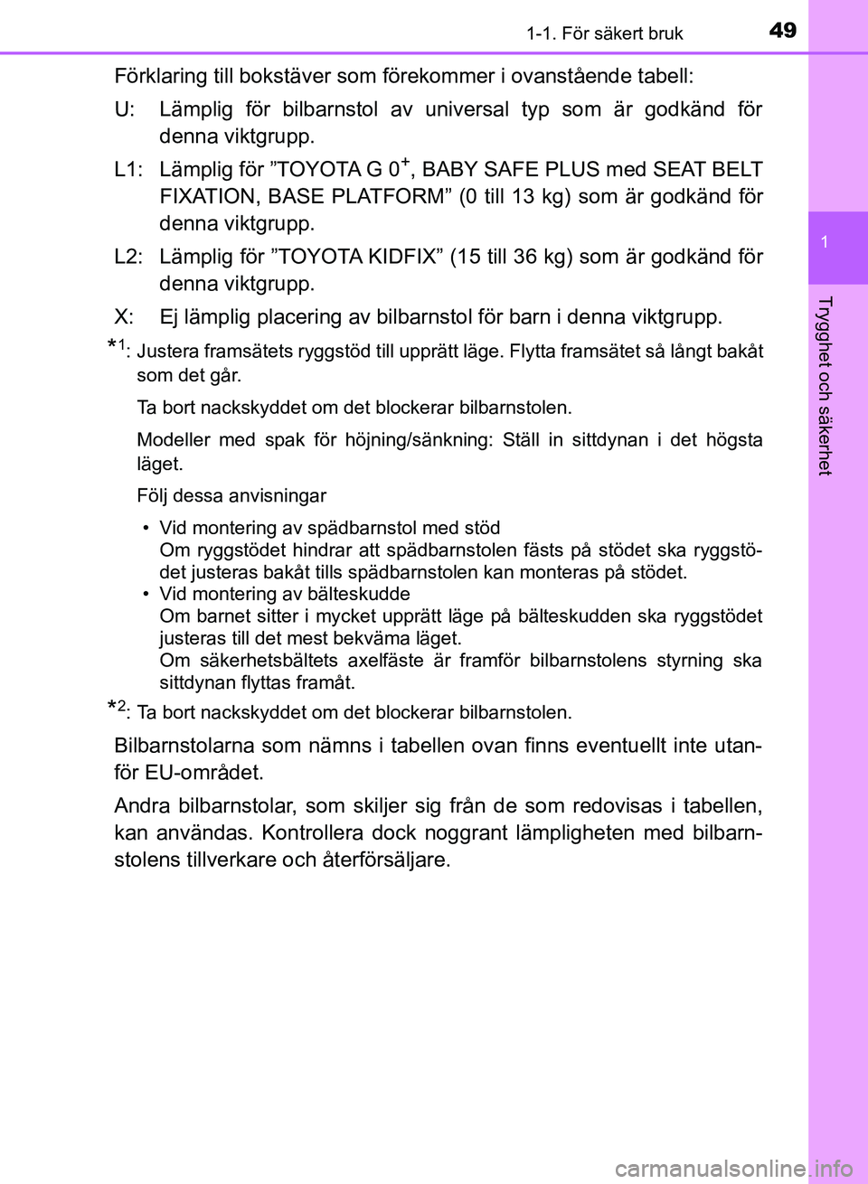 TOYOTA AURIS 2018  Bruksanvisningar (in Swedish) 491-1. För säkert bruk
1
Trygghet och säkerhet
OM12M59SE
Förklaring till bokstäver som förekommer i ovanstående tabell:
U: Lämplig för bilbarnstol av universal typ som är godkänd för denna