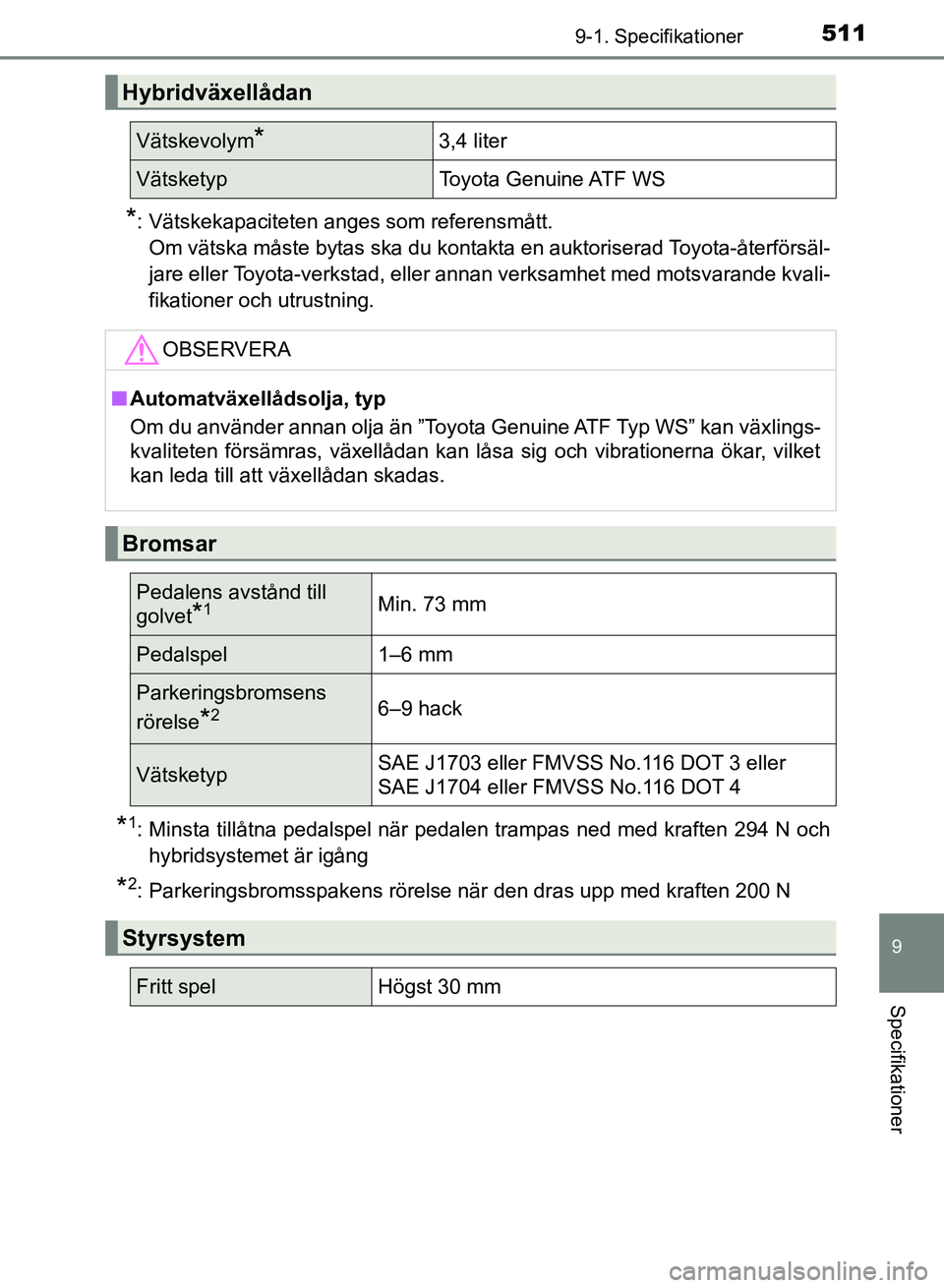 TOYOTA AURIS 2018  Bruksanvisningar (in Swedish) 5119-1. Specifikationer
OM12M59SE
9
Specifikationer
*: Vätskekapaciteten anges som referensmått.Om vätska måste bytas ska du kontakta en auktoriserad Toyota-återförsäl-
jare eller Toyota-verkst
