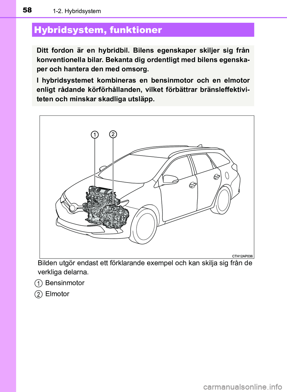 TOYOTA AURIS 2018  Bruksanvisningar (in Swedish) 58
OM12M59SE
1-2. Hybridsystem
Bilden utgör endast ett förklarande exempel och kan skilja sig från de
verkliga delarna.Bensinmotor
Elmotor
Hybridsystem,  funktioner
Ditt fordon är en hybridbil. Bi