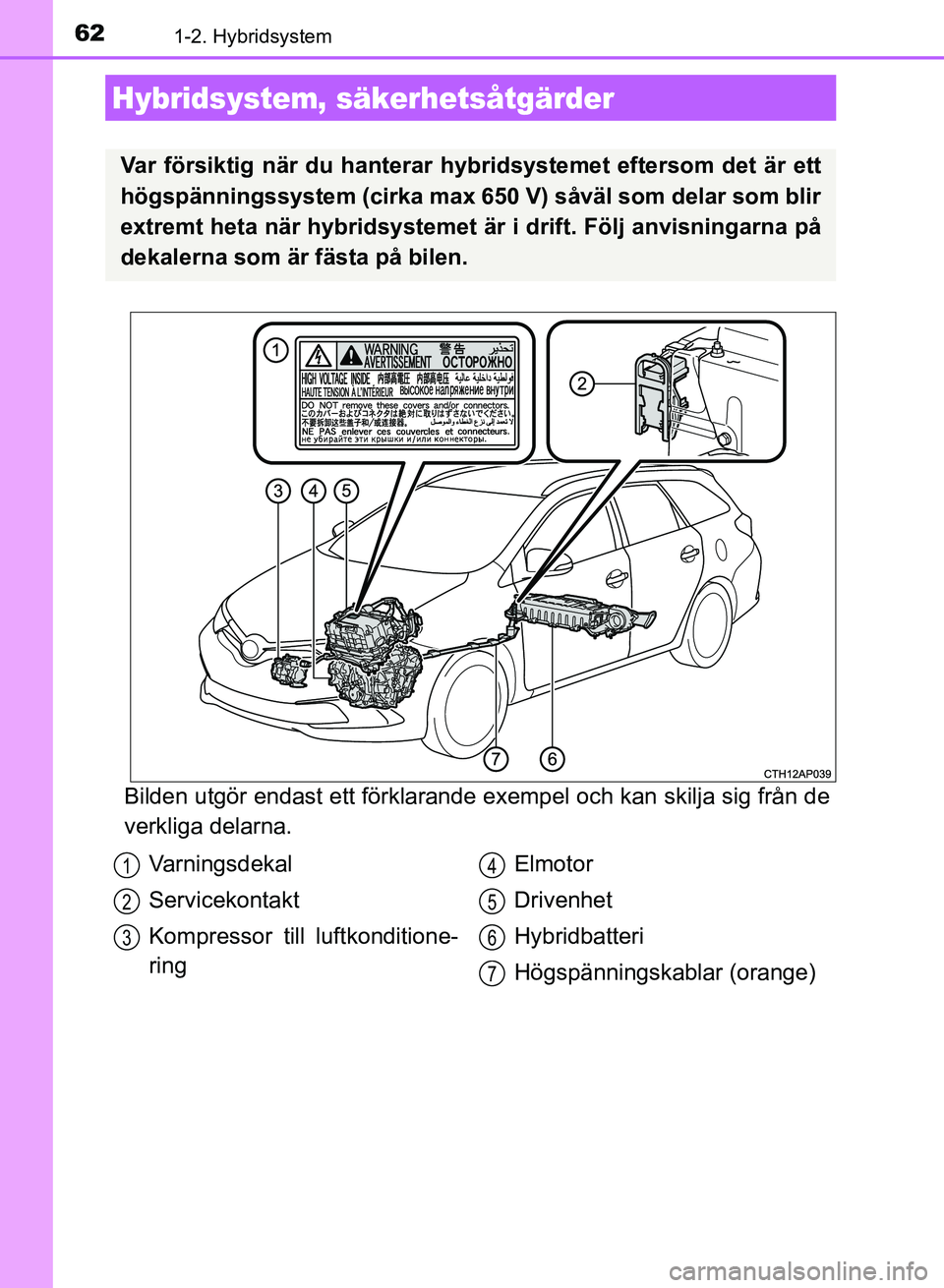TOYOTA AURIS 2018  Bruksanvisningar (in Swedish) 621-2. Hybridsystem
OM12M59SE
Bilden utgör endast ett förklarande exempel och kan skilja sig från de
verkliga delarna.
Hybridsystem, säkerhetsåtgärder
Var försiktig när du hanterar hybridsyste
