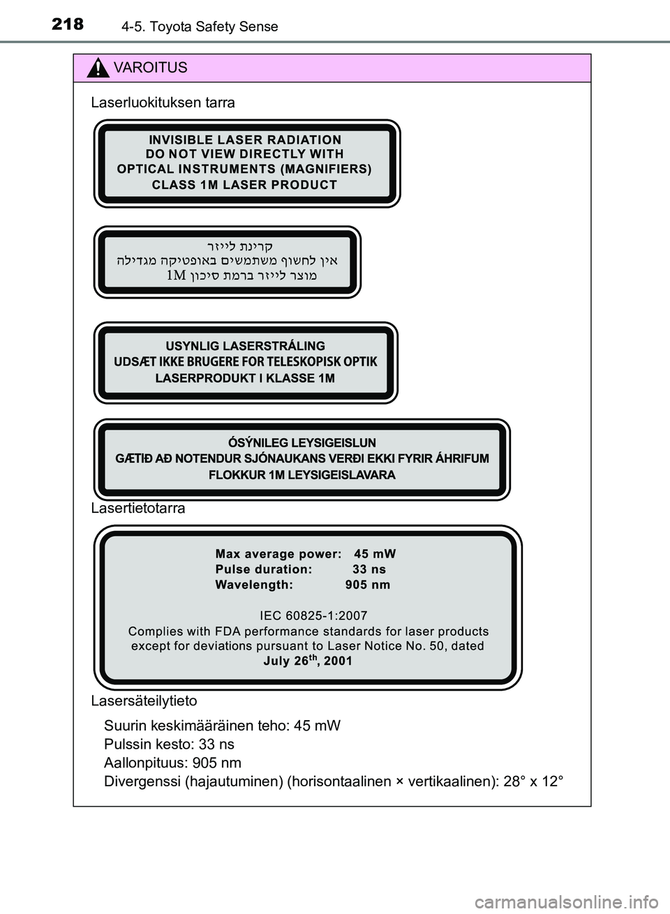 TOYOTA AURIS 2018  Omistajan Käsikirja (in Finnish) 2184-5. Toyota Safety Sense
OM12M54FI
VAROITUS
Laserluokituksen tarra
Lasertietotarra
LasersäteilytietoSuurin keskimääräinen teho: 45 mW
Pulssin kesto: 33 ns
Aallonpituus: 905 nm
Divergenssi (haja