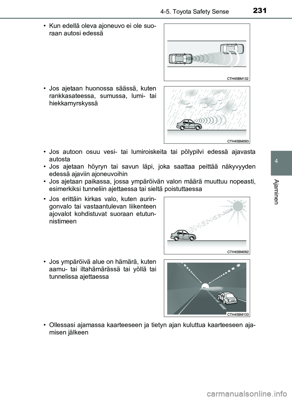TOYOTA AURIS 2018  Omistajan Käsikirja (in Finnish) 2314-5. Toyota Safety Sense
OM12M54FI
4
Ajaminen
• Jos autoon osuu vesi- tai lumiroiskeita tai pölypilvi edessä ajavastaautosta
• Jos ajetaan höyryn tai savun läpi, joka saattaa peittää näk