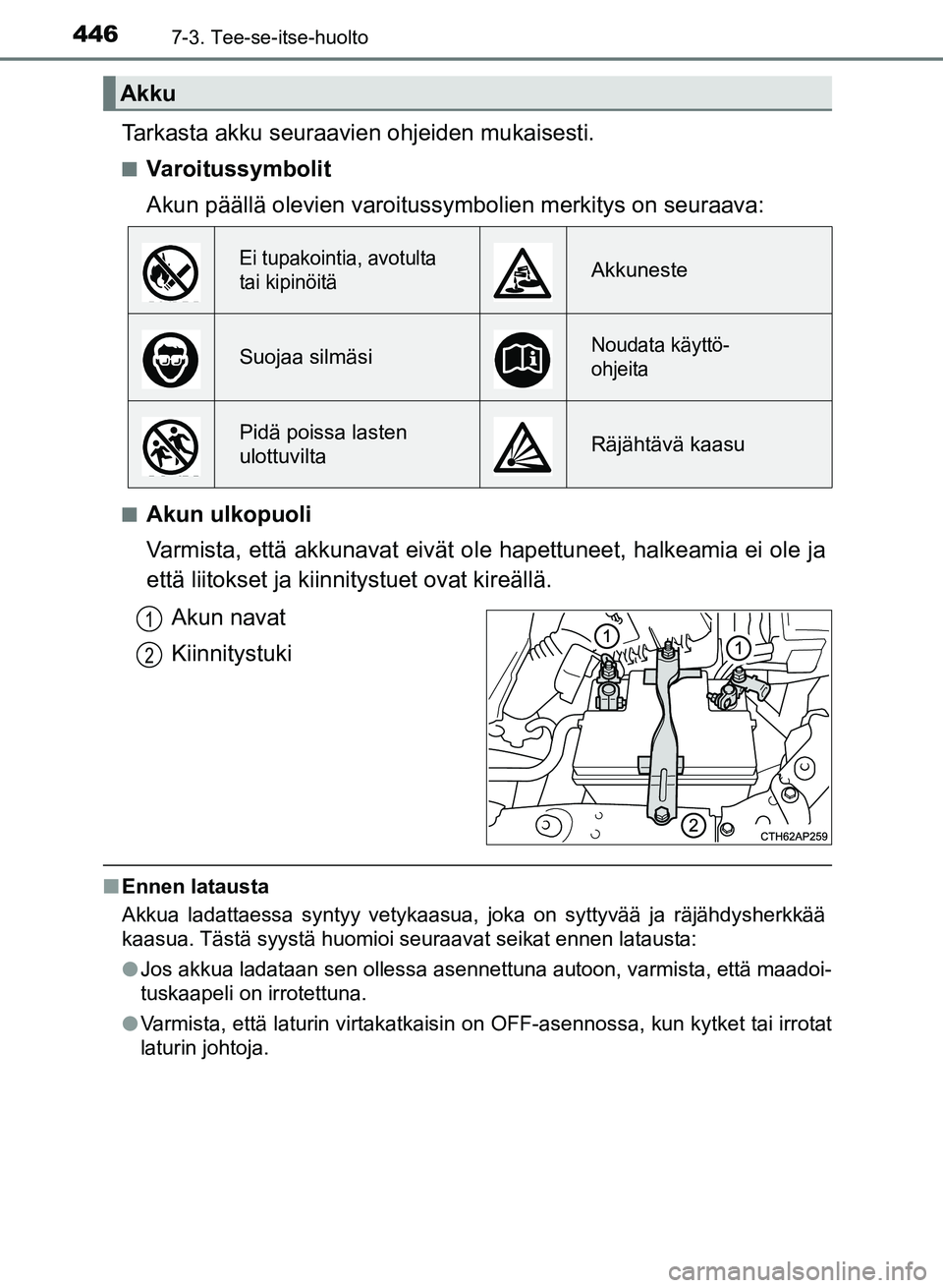 TOYOTA AURIS 2018  Omistajan Käsikirja (in Finnish) 4467-3. Tee-se-itse-huolto
OM12M54FI
Tarkasta akku seuraavien ohjeiden mukaisesti.
nVaroitussymbolit
Akun päällä olevien varoitussy mbolien merkitys on seuraava:
nAkun ulkopuoli
Varmista, että akk